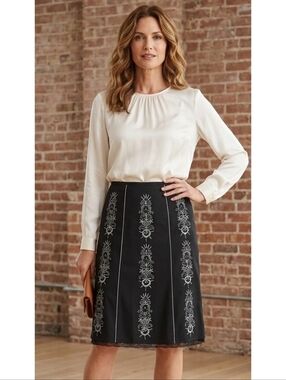 Loft Floral Embroidered A-Line Skirt Black Size 10P